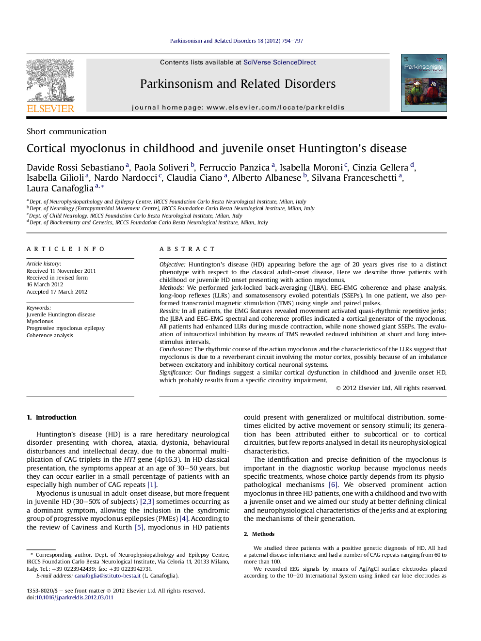 Cortical myoclonus in childhood and juvenile onset Huntington's disease