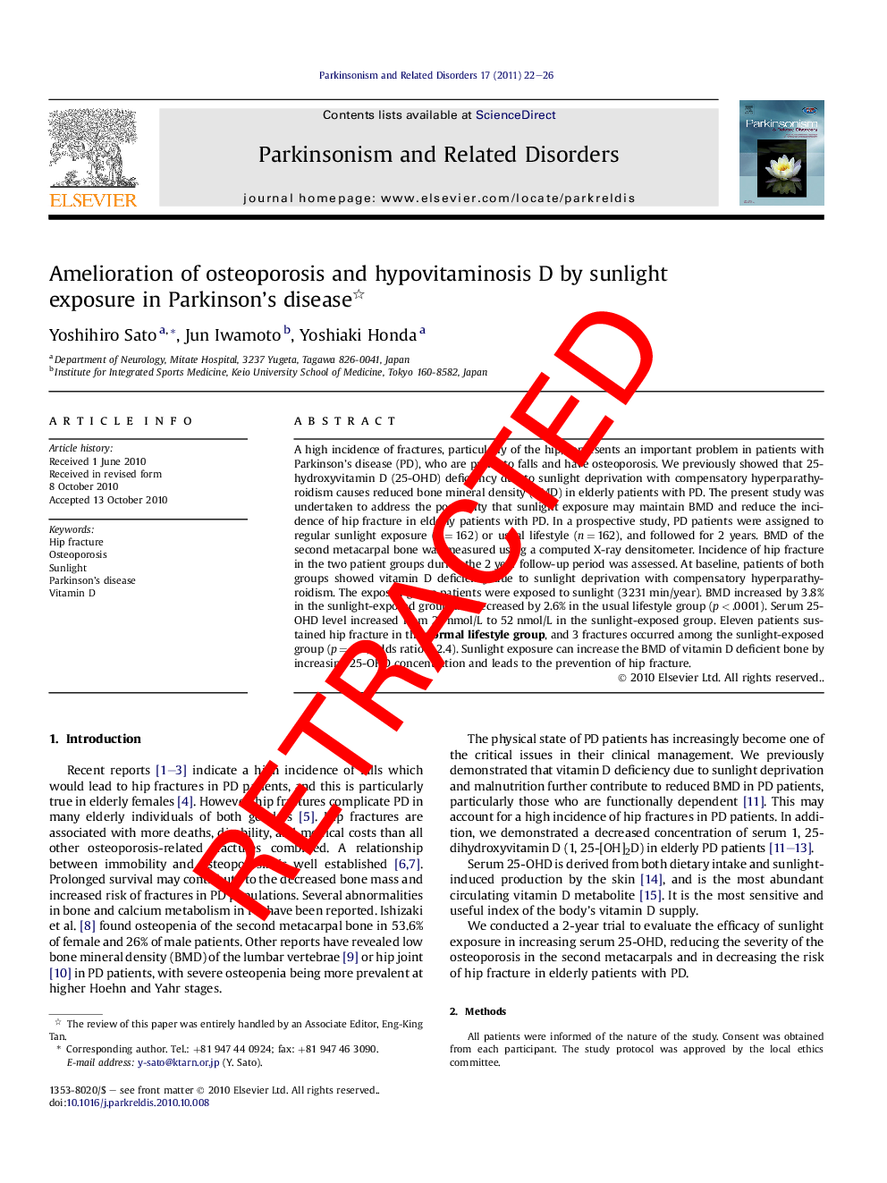 RETRACTED: Amelioration of osteoporosis and hypovitaminosis D by sunlight exposure in Parkinson’s disease