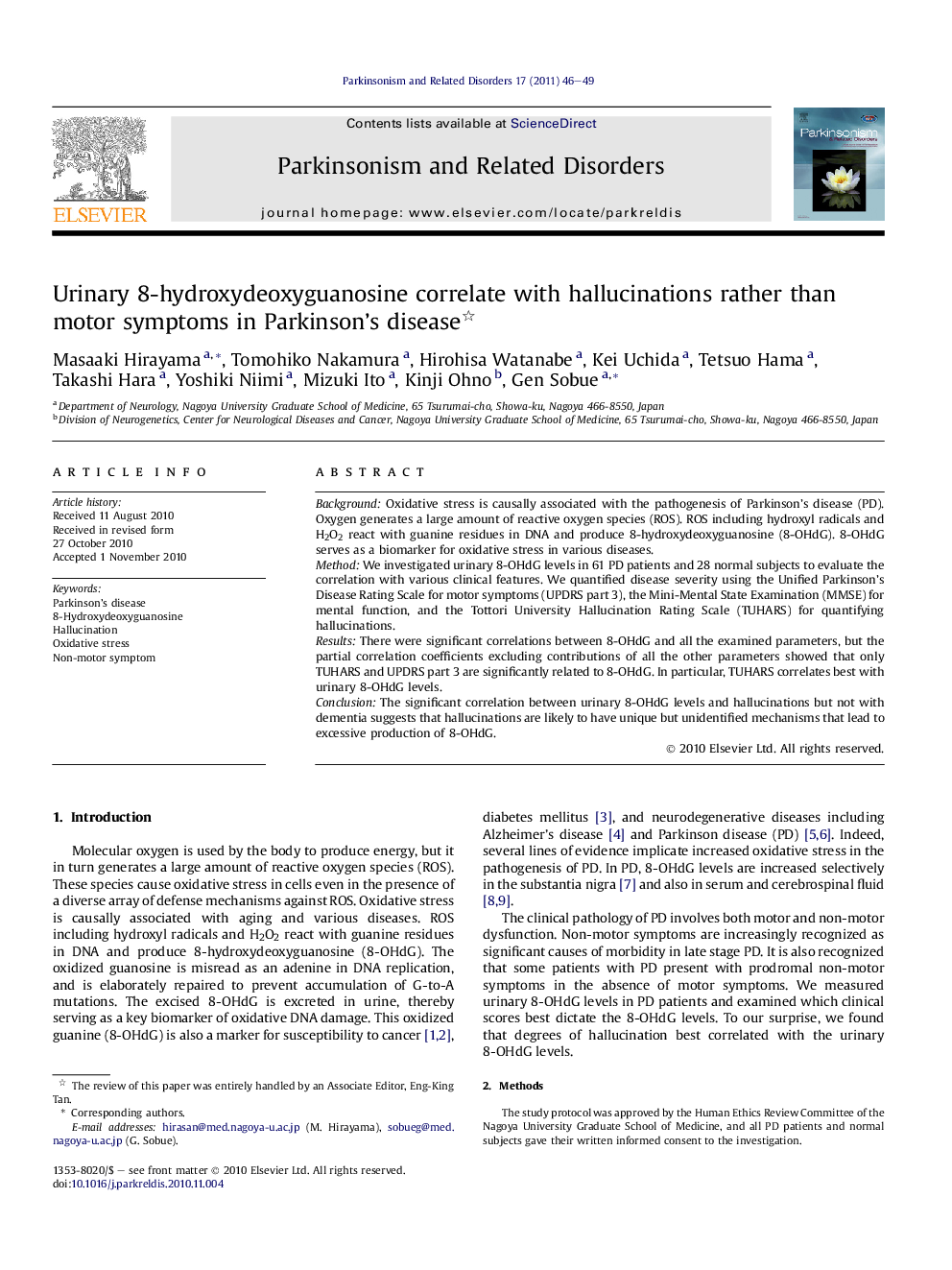 Urinary 8-hydroxydeoxyguanosine correlate with hallucinations rather than motor symptoms in Parkinson’s disease 