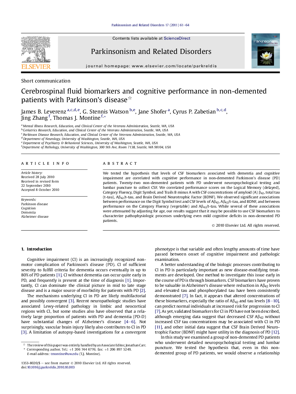 Cerebrospinal fluid biomarkers and cognitive performance in non-demented patients with Parkinson’s disease 