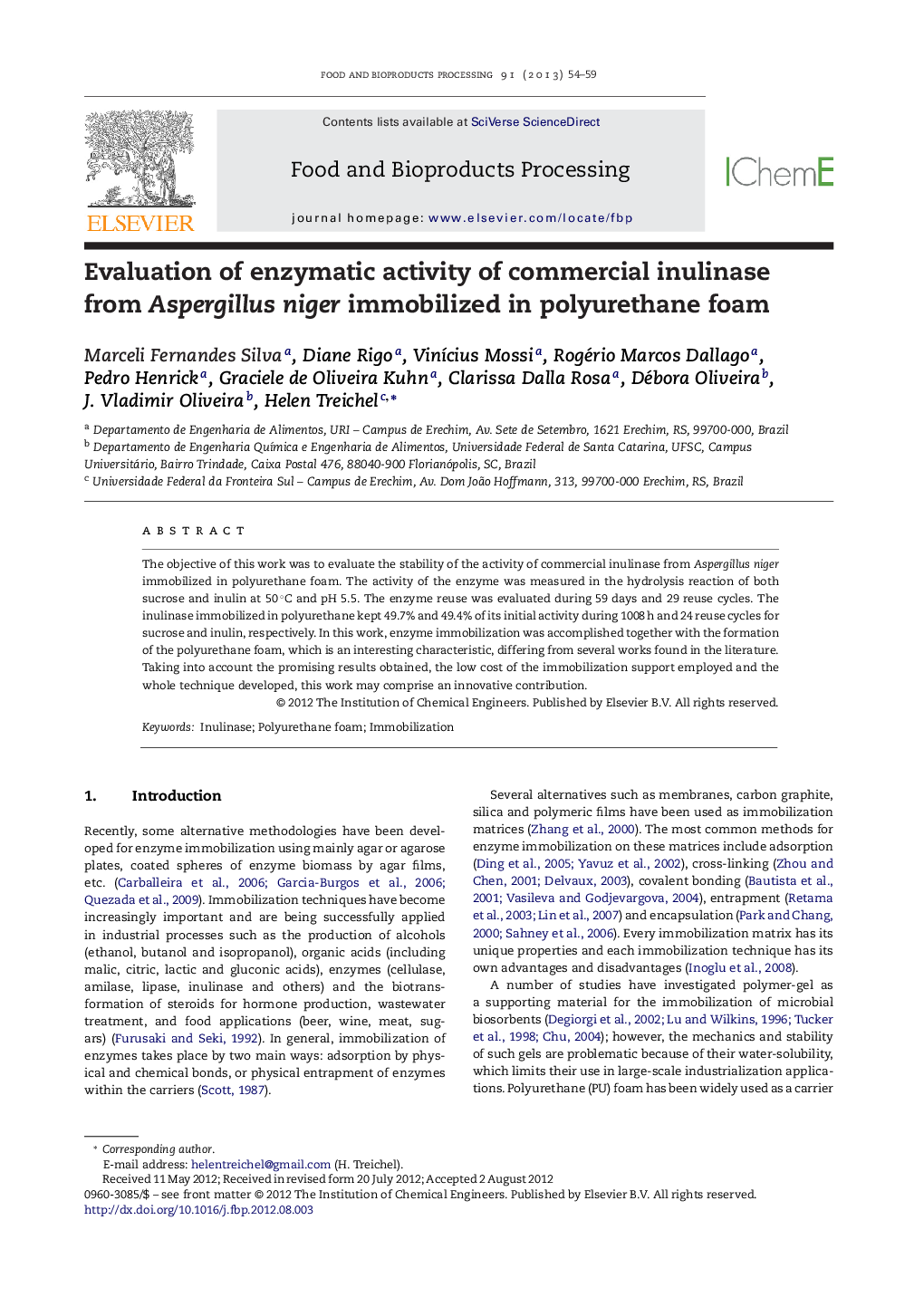 Evaluation of enzymatic activity of commercial inulinase from Aspergillus niger immobilized in polyurethane foam