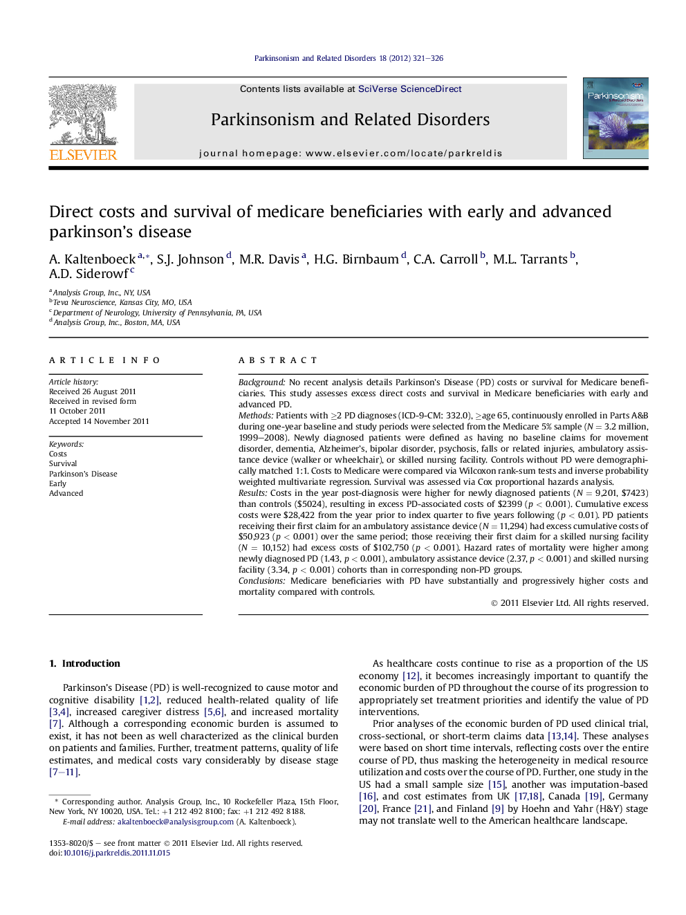 Direct costs and survival of medicare beneficiaries with early and advanced parkinson’s disease