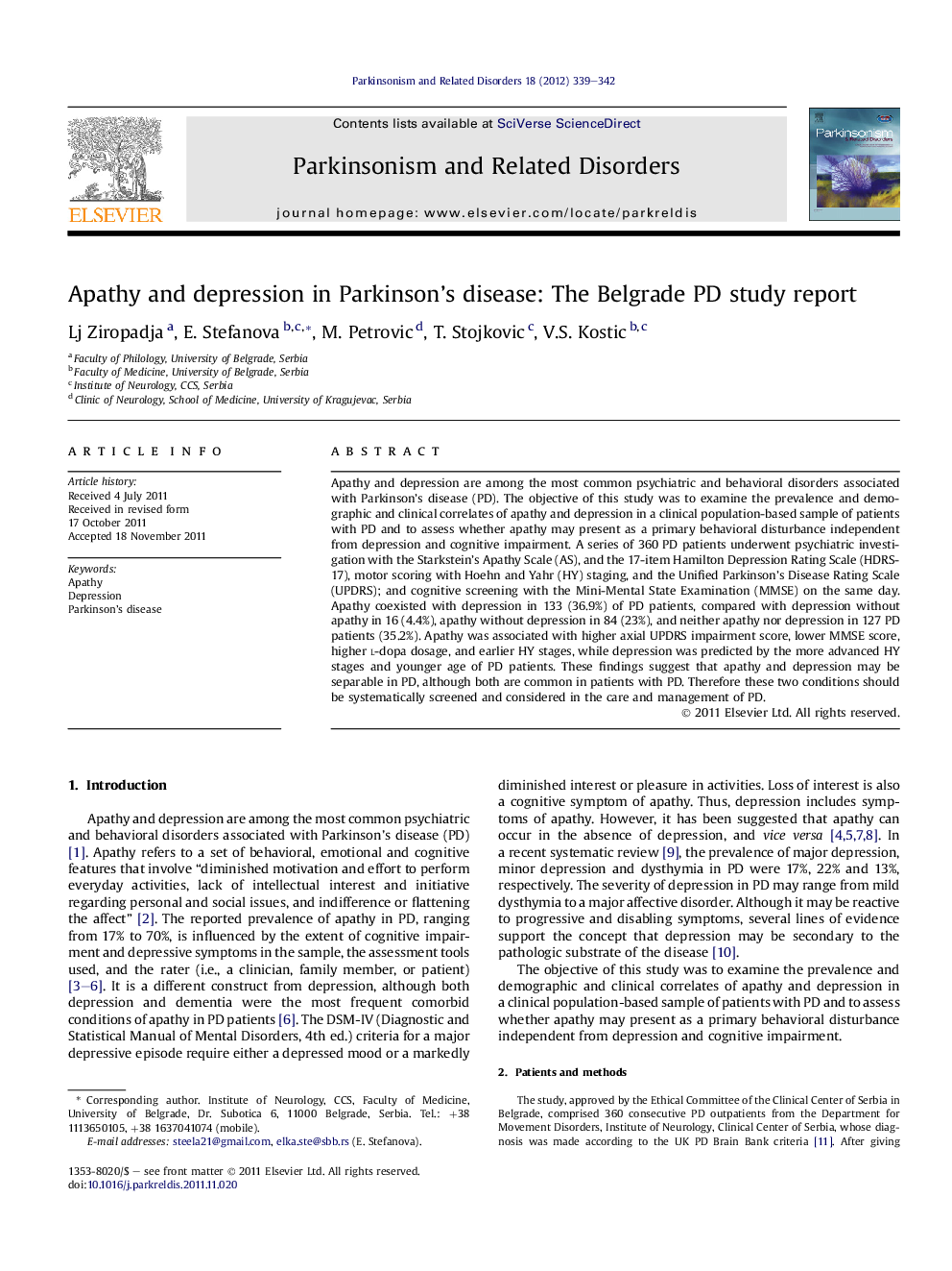 Apathy and depression in Parkinson’s disease: The Belgrade PD study report