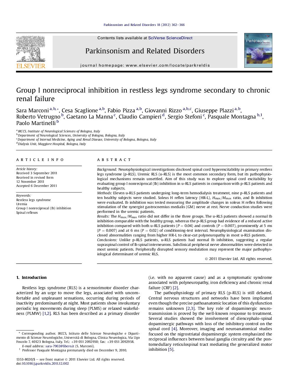 Group I nonreciprocal inhibition in restless legs syndrome secondary to chronic renal failure