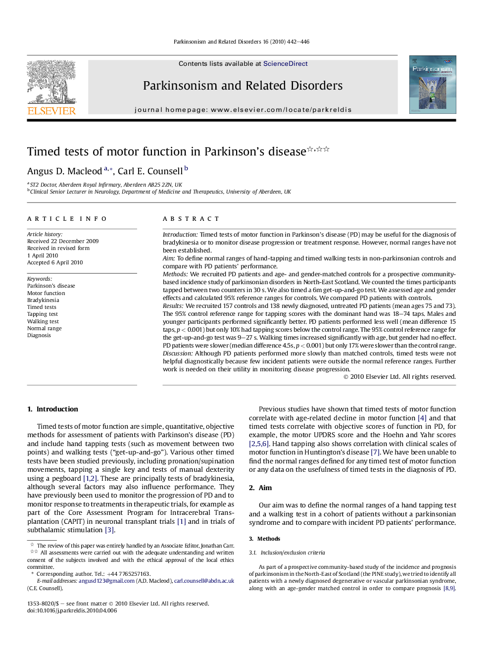 Timed tests of motor function in Parkinson’s disease 