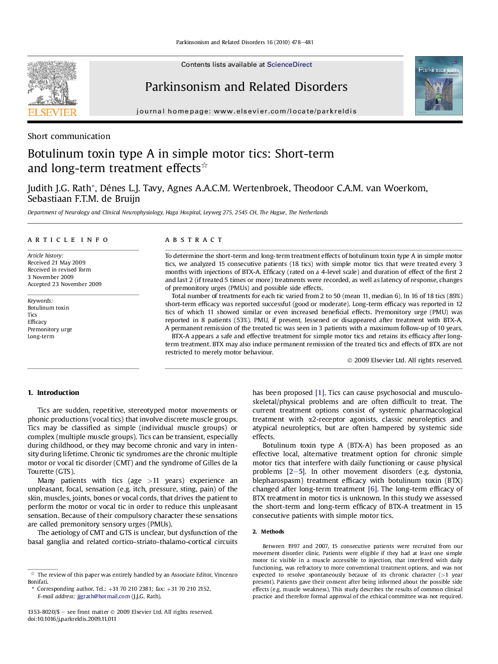 Botulinum toxin type A in simple motor tics: Short-term and long-term treatment-effects 