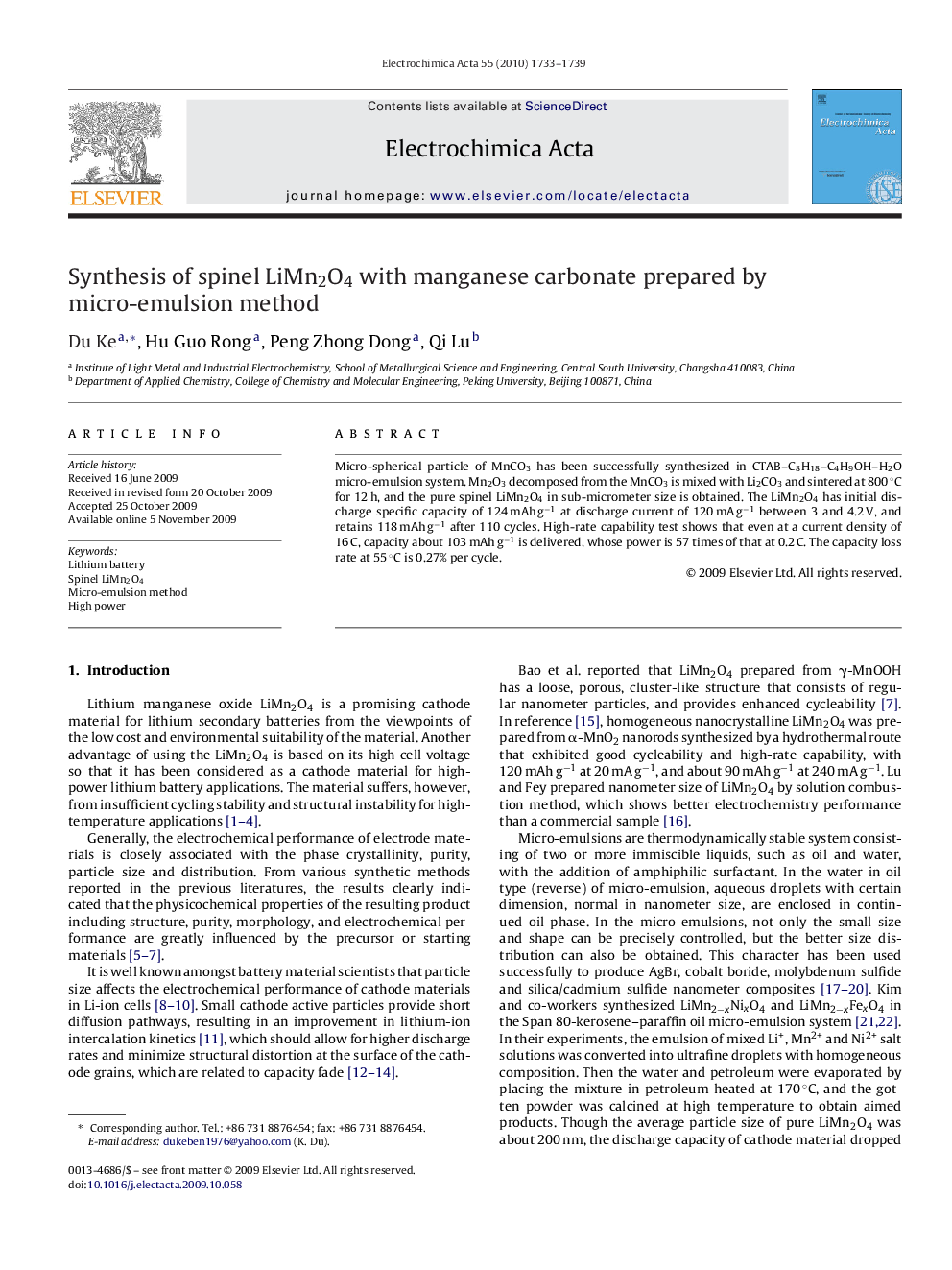 Synthesis of spinel LiMn2O4 with manganese carbonate prepared by micro-emulsion method