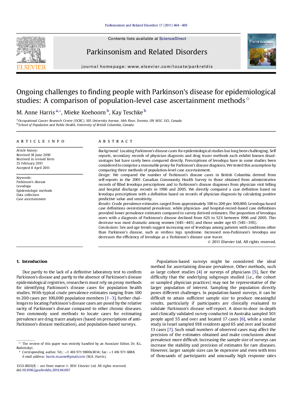 Ongoing challenges to finding people with Parkinson’s disease for epidemiological studies: A comparison of population-level case ascertainment methods 