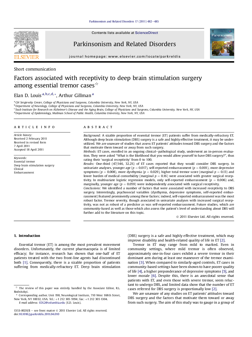 Factors associated with receptivity to deep brain stimulation surgery among essential tremor cases 