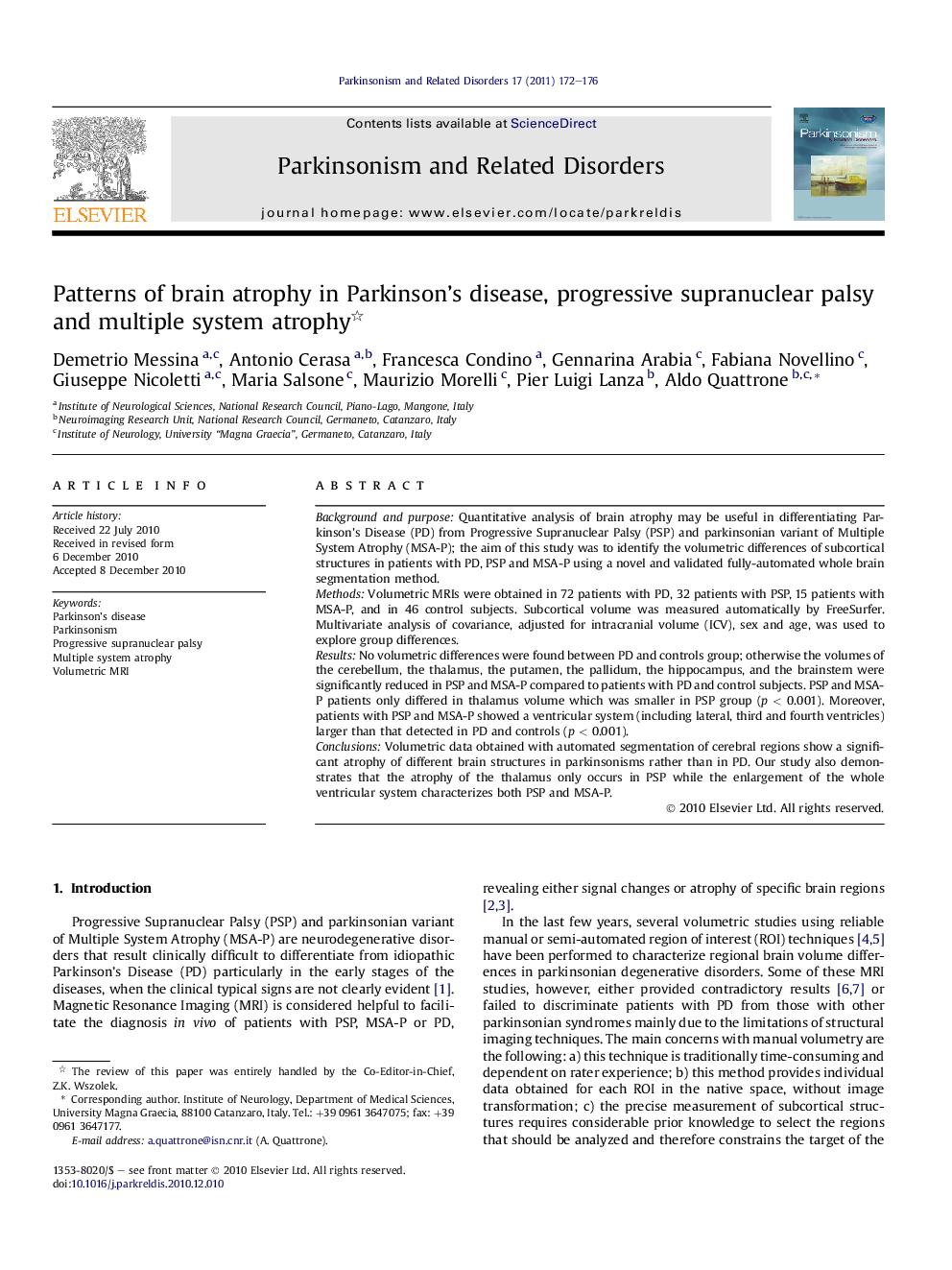 Patterns of brain atrophy in Parkinson’s disease, progressive supranuclear palsy and multiple system atrophy 