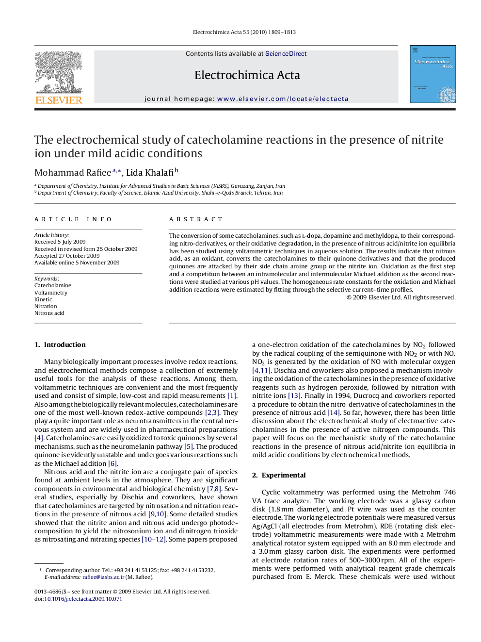 The electrochemical study of catecholamine reactions in the presence of nitrite ion under mild acidic conditions