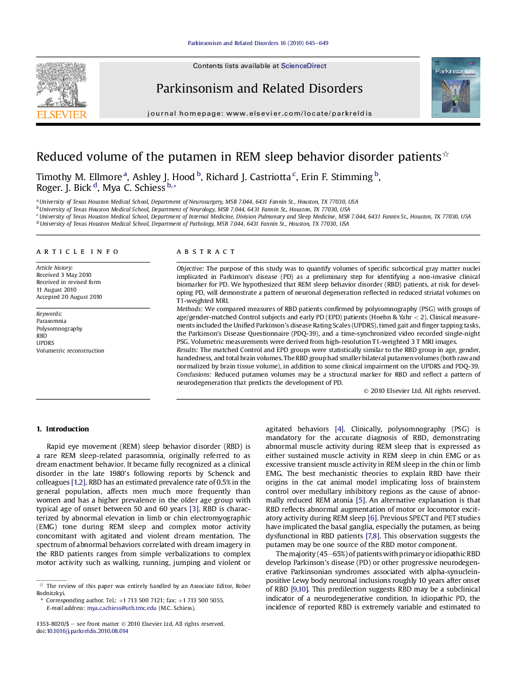 Reduced volume of the putamen in REM sleep behavior disorder patients 