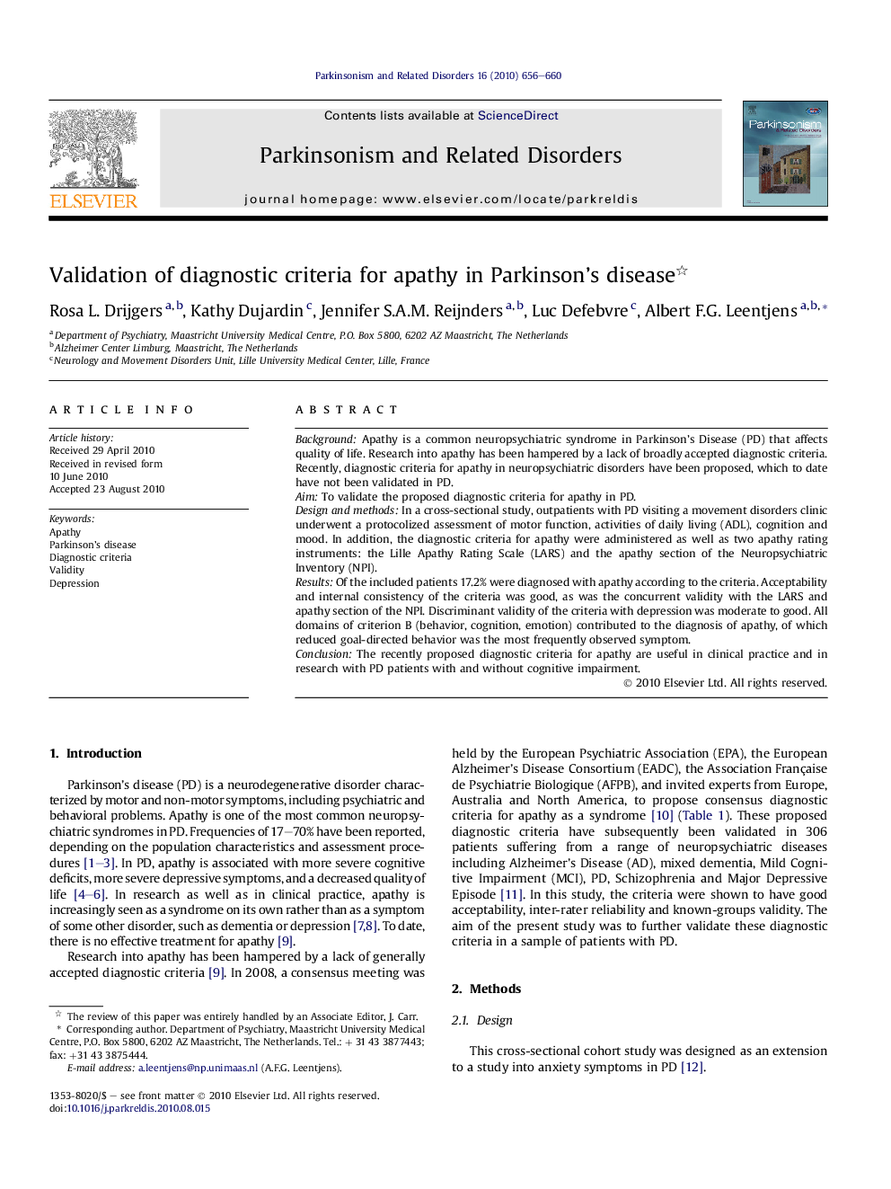 Validation of diagnostic criteria for apathy in Parkinson’s disease 