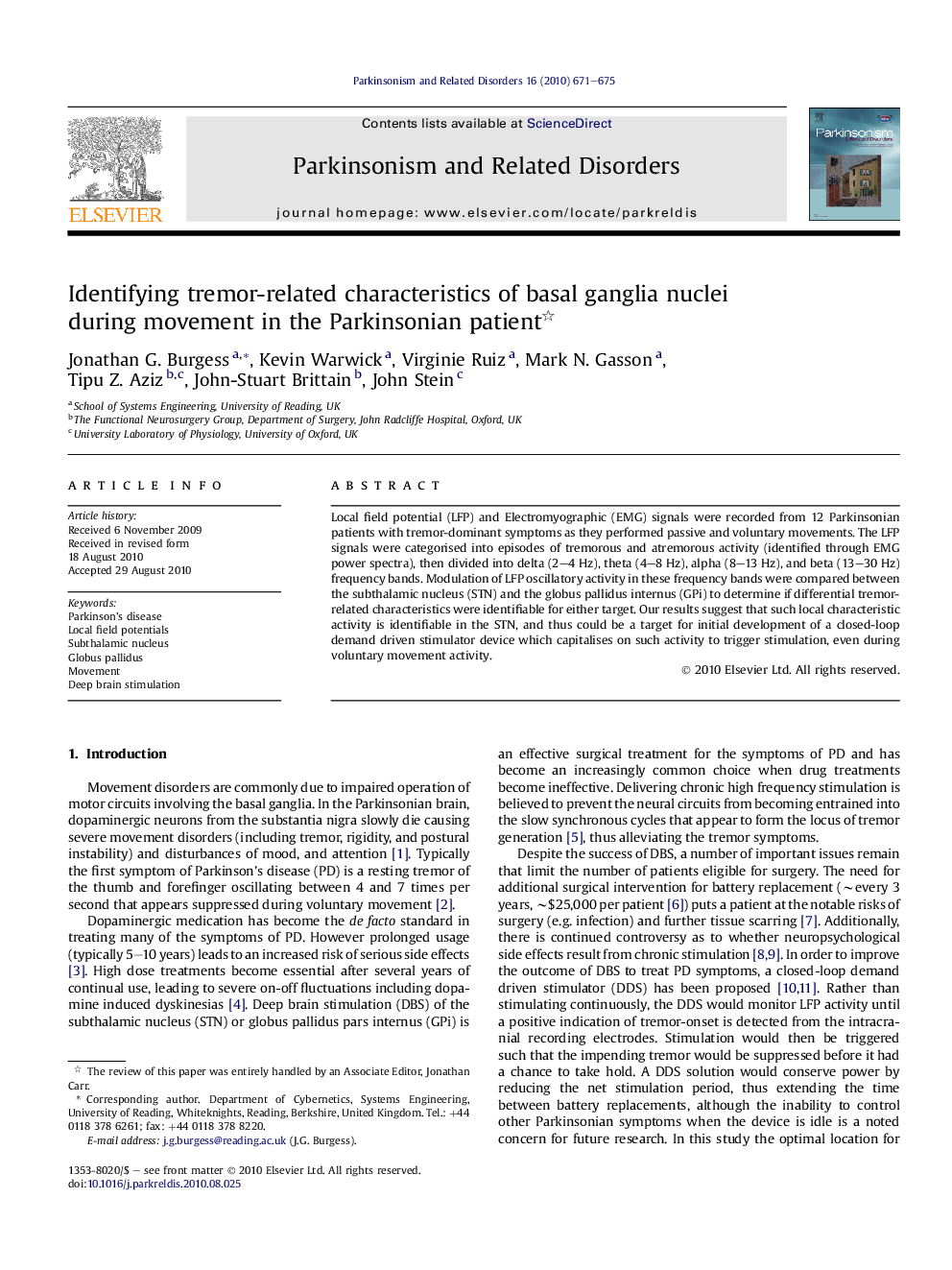 Identifying tremor-related characteristics of basal ganglia nuclei during movement in the Parkinsonian patient 