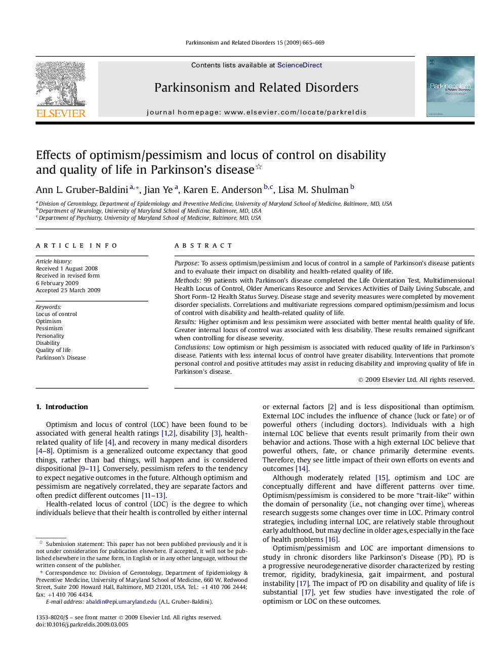 Effects of optimism/pessimism and locus of control on disability and quality of life in Parkinson's disease 