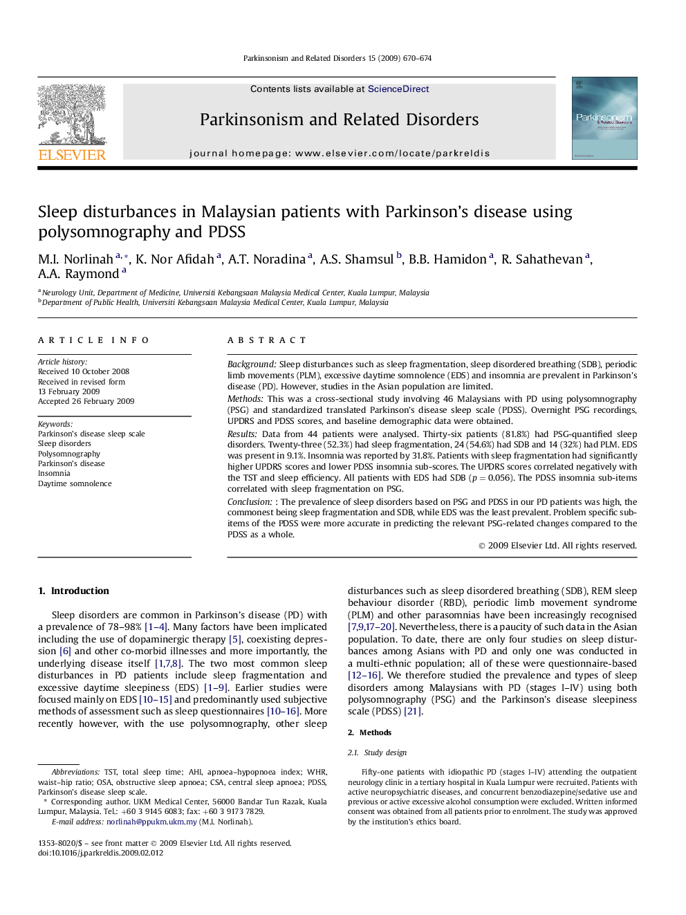 Sleep disturbances in Malaysian patients with Parkinson's disease using polysomnography and PDSS