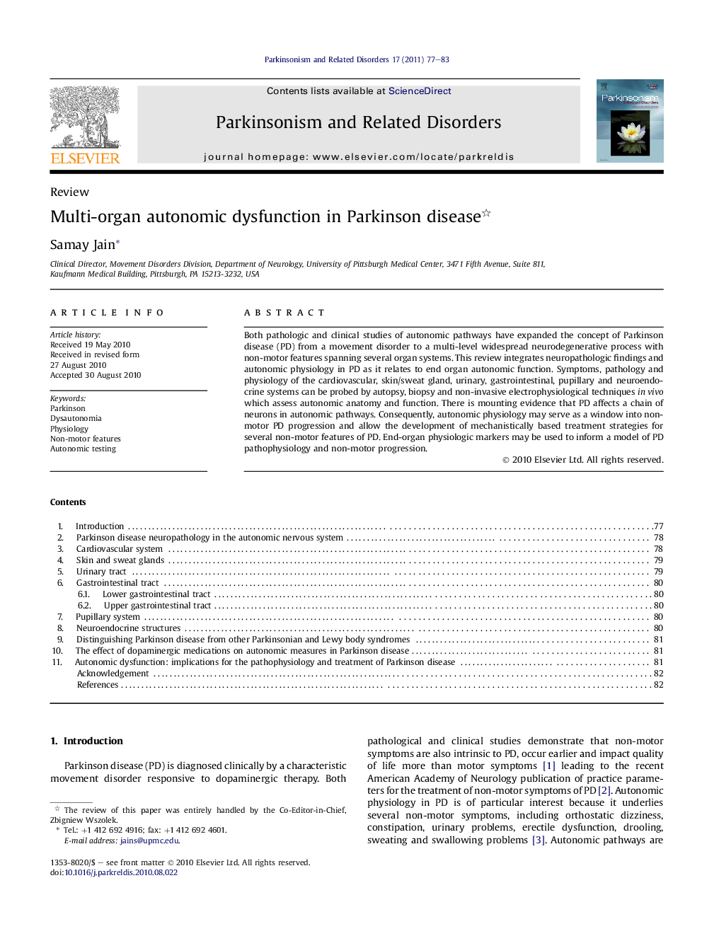 Multi-organ autonomic dysfunction in Parkinson disease