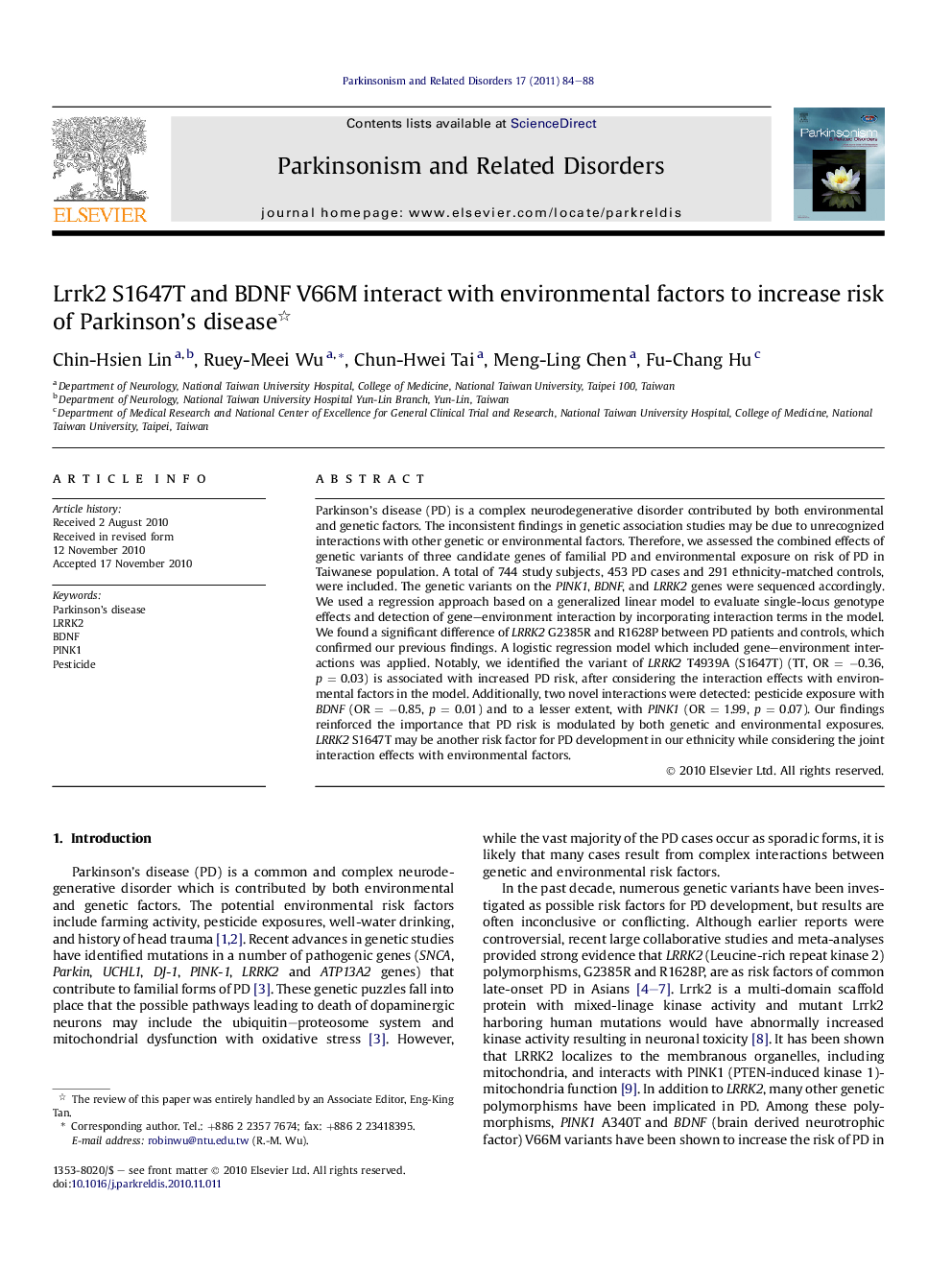 Lrrk2 S1647T and BDNF V66M interact with environmental factors to increase risk of Parkinson’s disease 