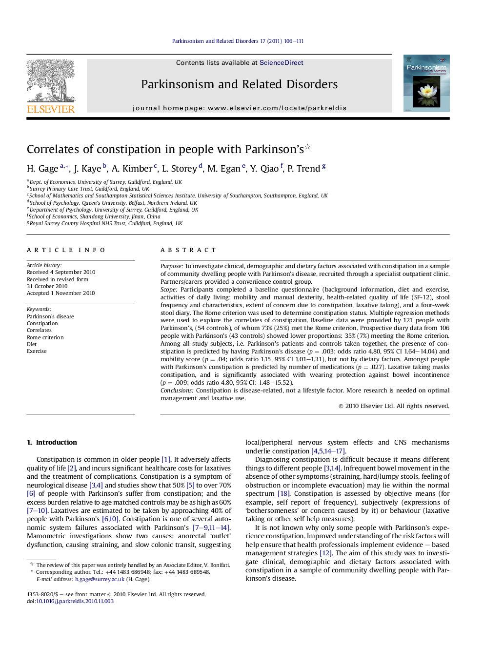 Correlates of constipation in people with Parkinson’s 