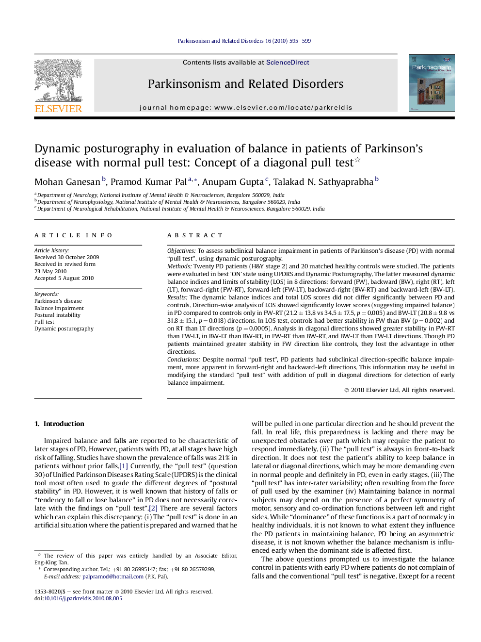 عکس صفحه اول مقاله: Dynamic posturography in evaluation of balance in patients of Parkinson’s disease with normal pull test: Concept of a diagonal pull test Dynamic posturography in evaluation of balance in patients of Parkinson’s disease with normal pull test: Concept of a diagonal pull test