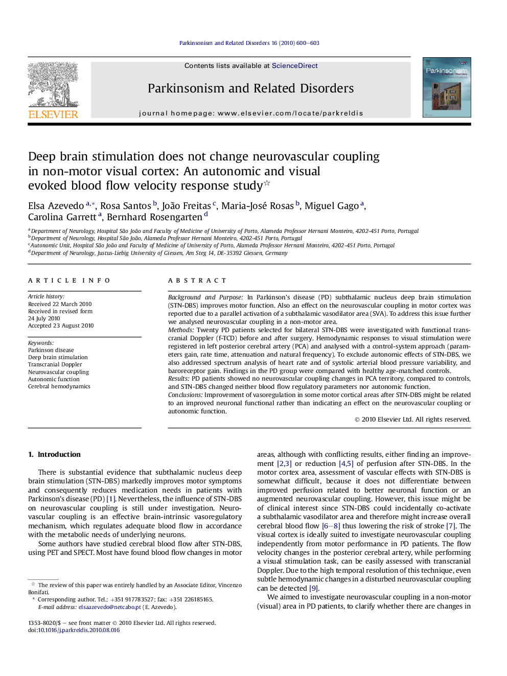 Deep brain stimulation does not change neurovascular coupling in non-motor visual cortex: An autonomic and visual evoked blood flow velocity response study 