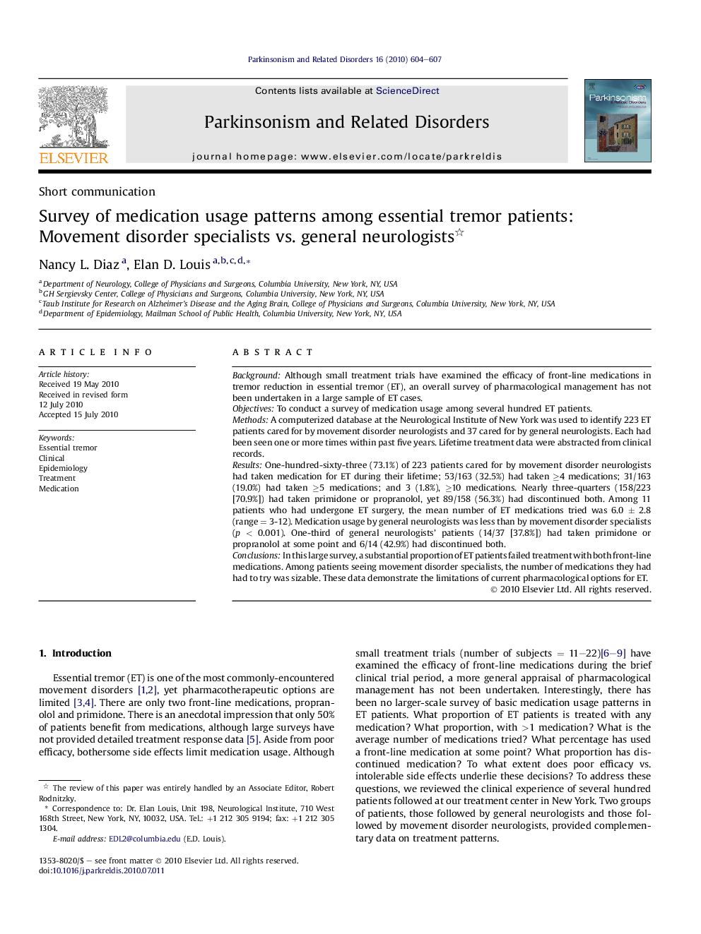 Survey of medication usage patterns among essential tremor patients: Movement disorder specialists vs. general neurologists