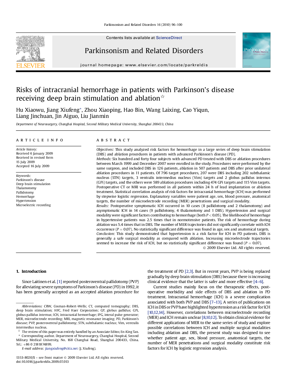 Risks of intracranial hemorrhage in patients with Parkinson's disease receiving deep brain stimulation and ablation 