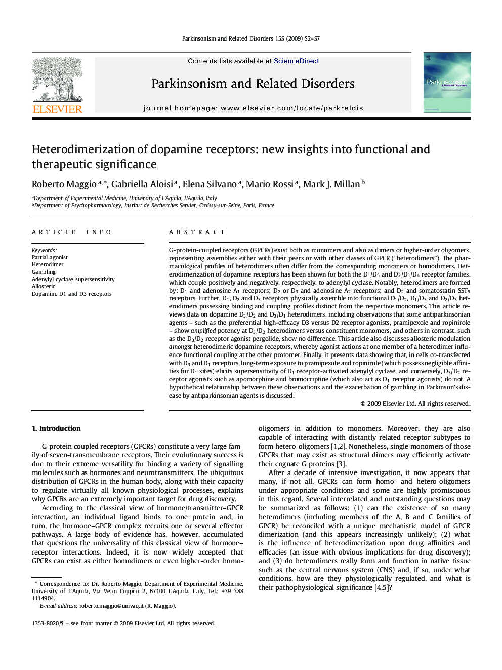 Heterodimerization of dopamine receptors: new insights into functional and therapeutic significance