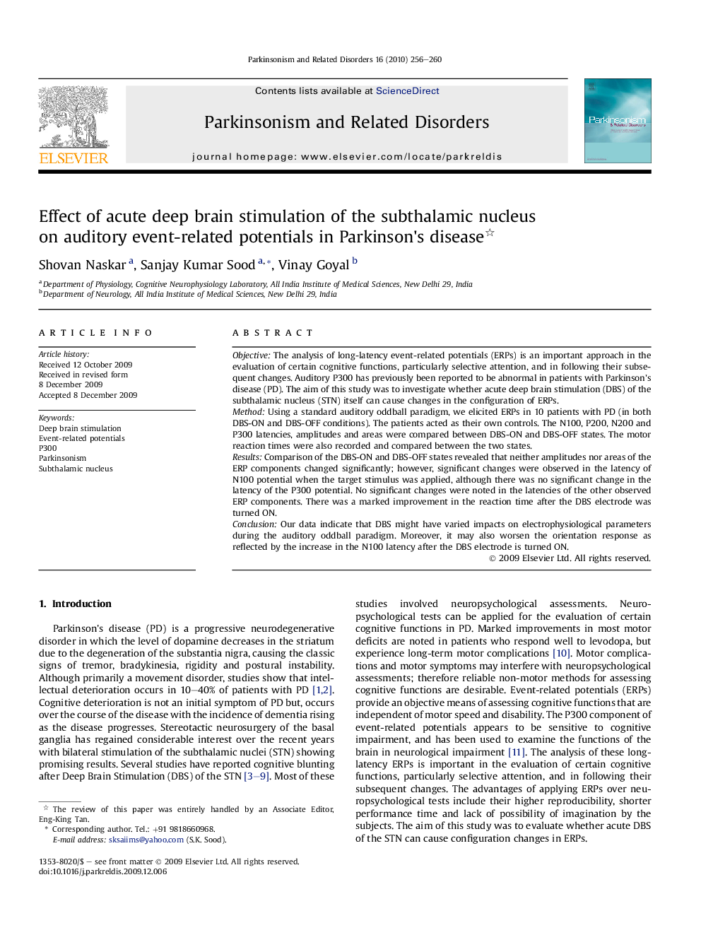 Effect of acute deep brain stimulation of the subthalamic nucleus on auditory event-related potentials in Parkinson's disease 