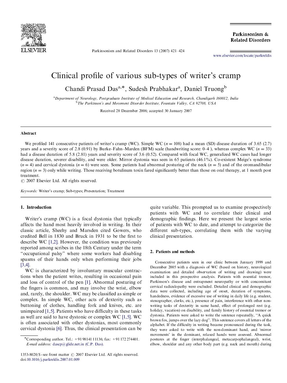 Clinical profile of various sub-types of writer's cramp