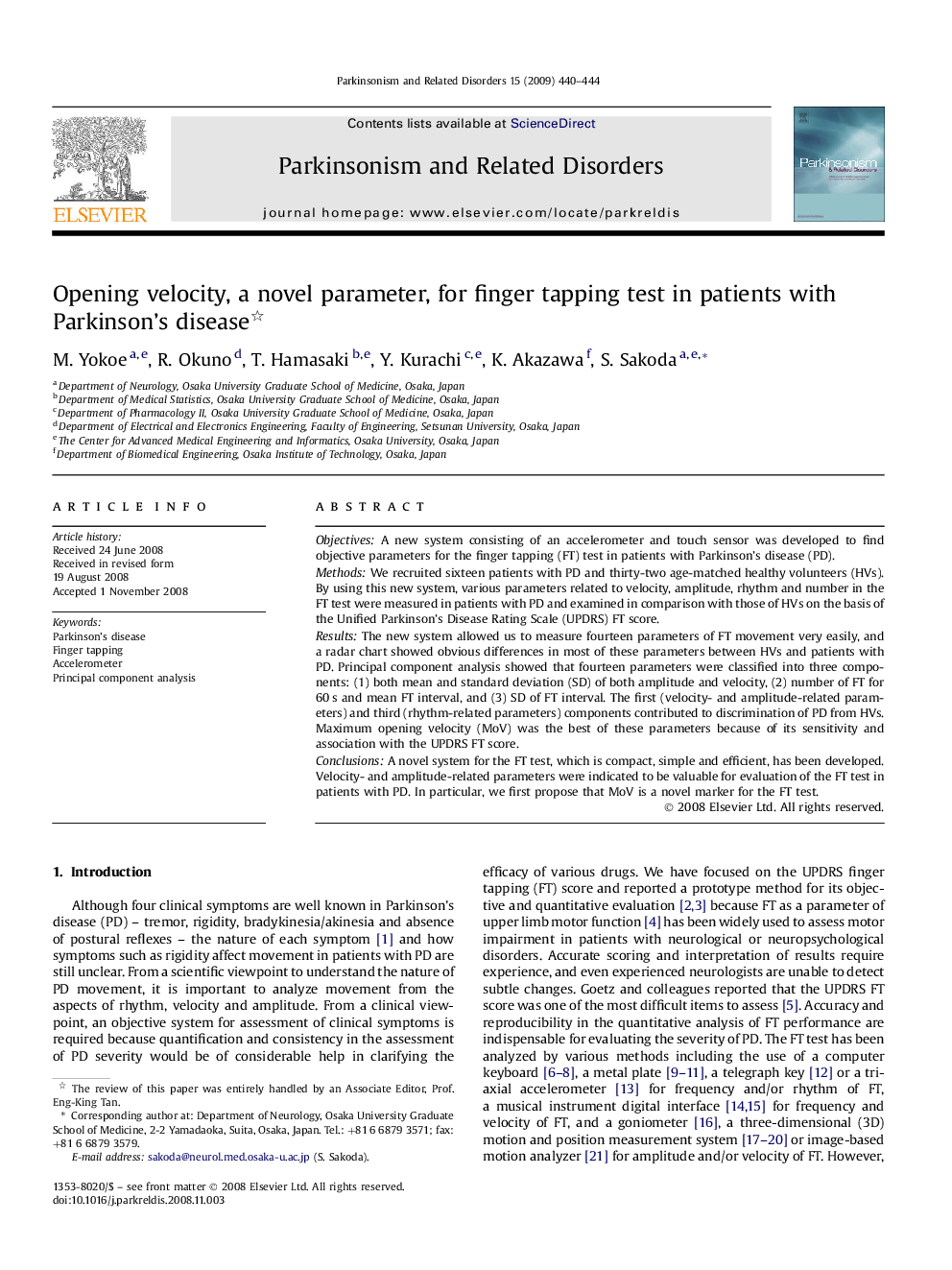 Opening velocity, a novel parameter, for finger tapping test in patients with Parkinson's disease 