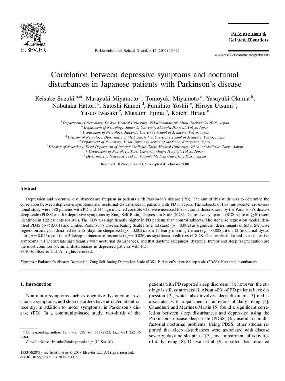 Correlation between depressive symptoms and nocturnal disturbances in Japanese patients with Parkinson's disease