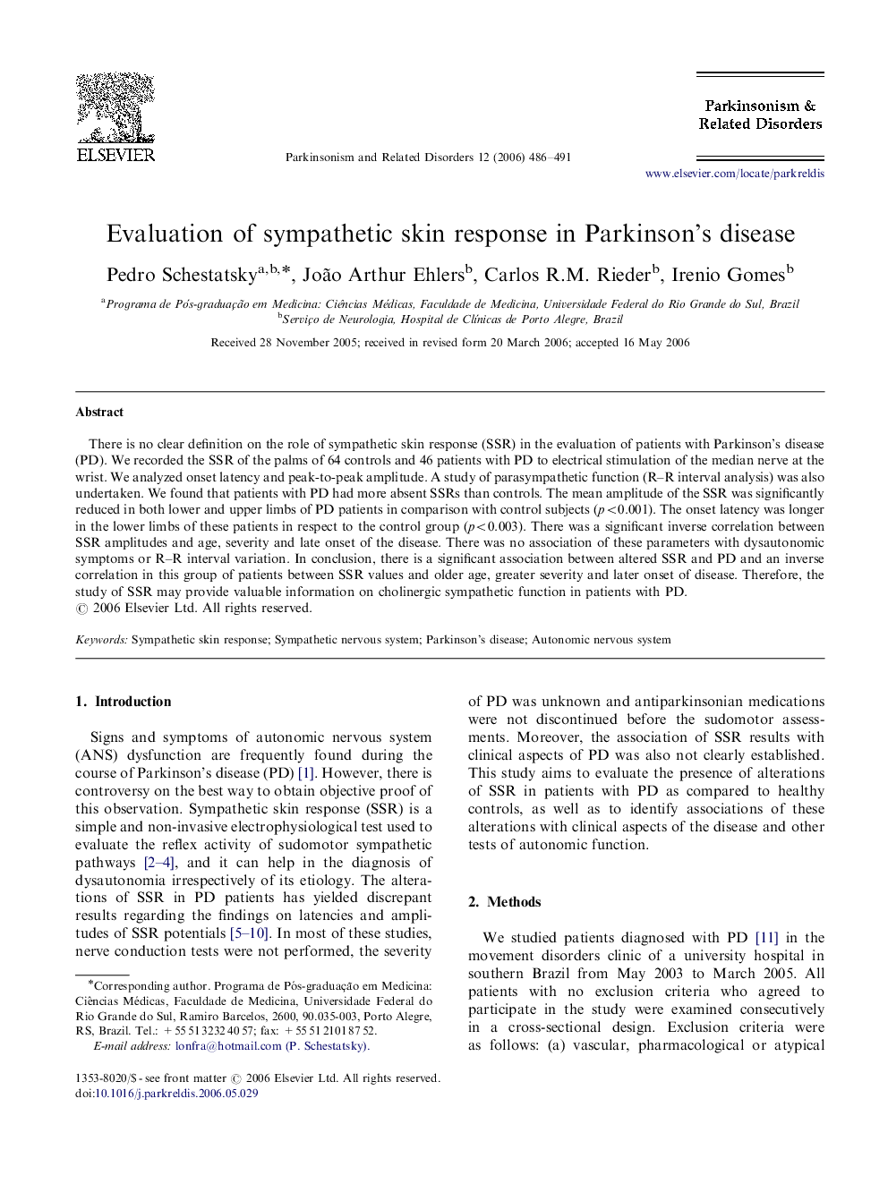 Evaluation of sympathetic skin response in Parkinson's disease