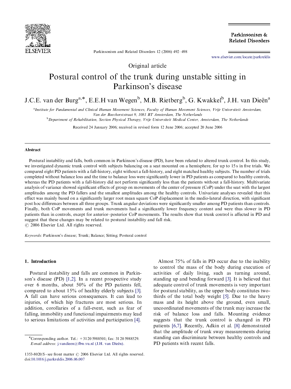 Postural control of the trunk during unstable sitting in Parkinson's disease