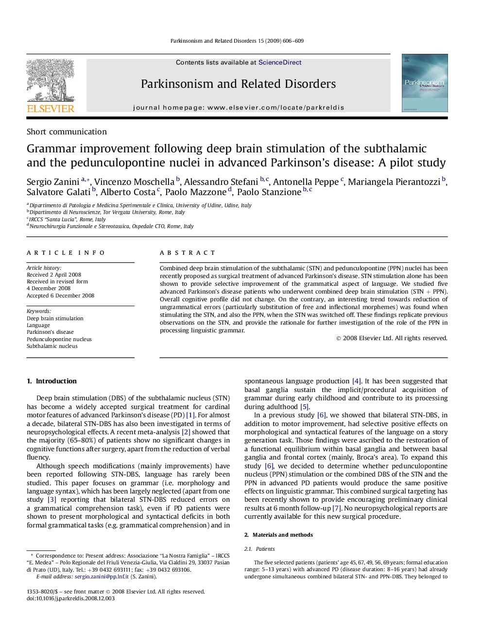 Grammar improvement following deep brain stimulation of the subthalamic and the pedunculopontine nuclei in advanced Parkinson's disease: A pilot study