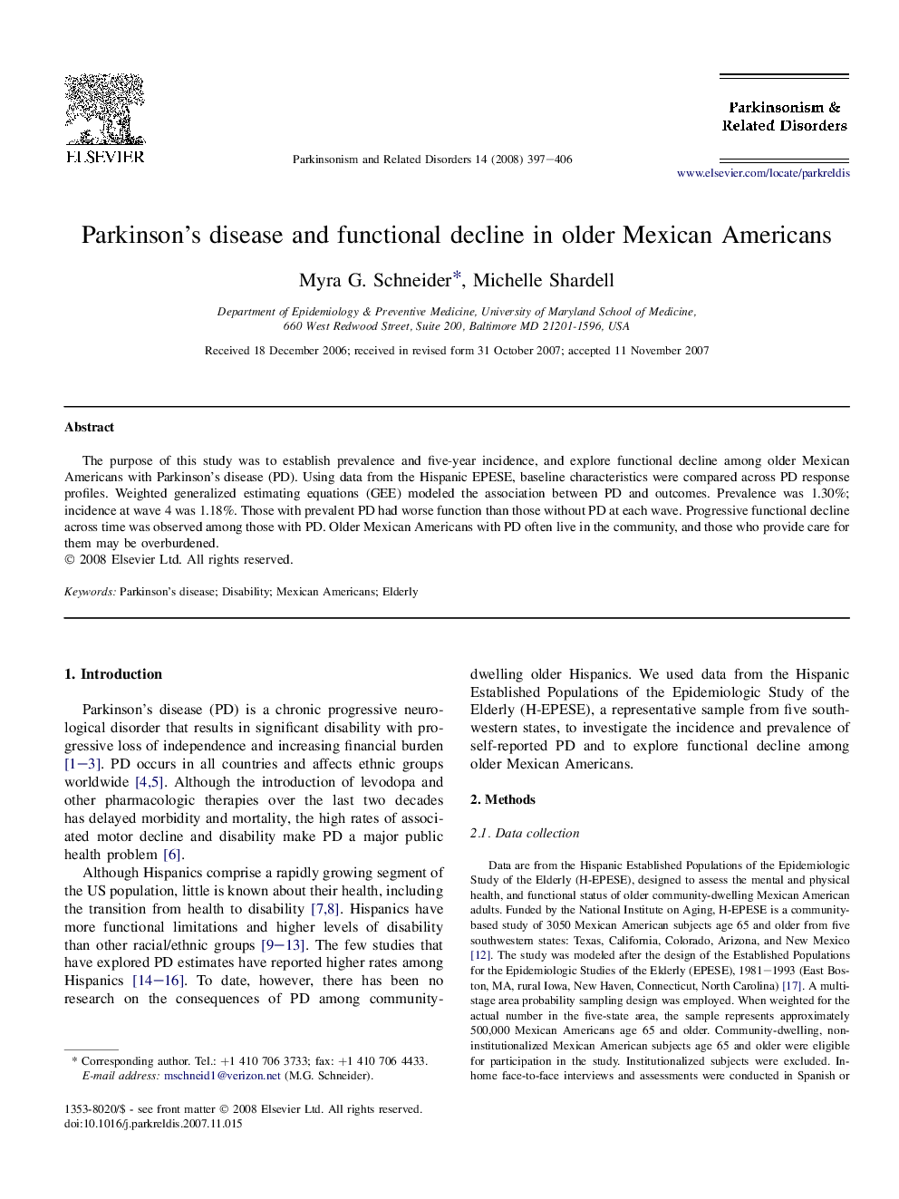 Parkinson's disease and functional decline in older Mexican Americans