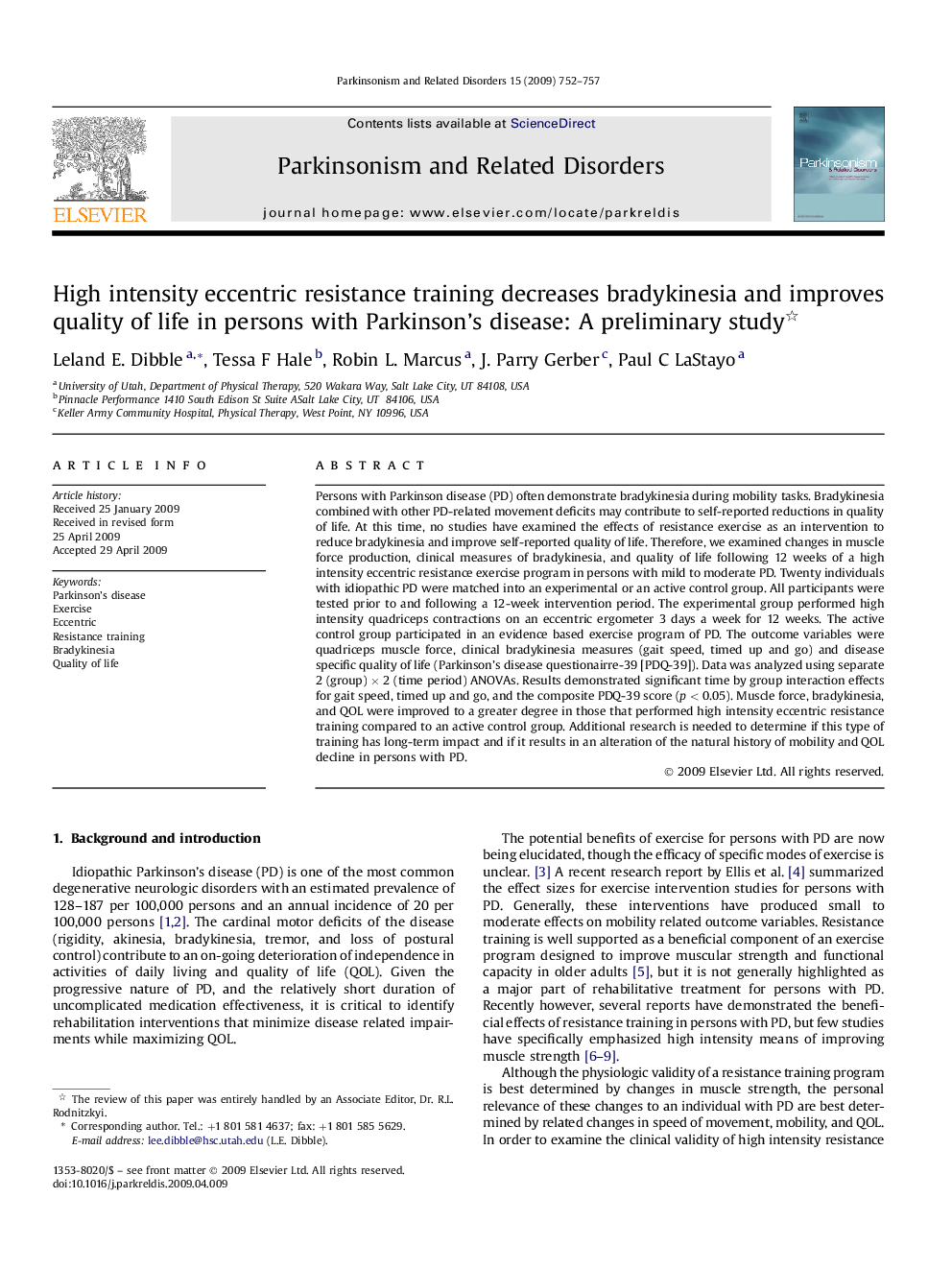 High intensity eccentric resistance training decreases bradykinesia and improves quality of life in persons with Parkinson's disease: A preliminary study 