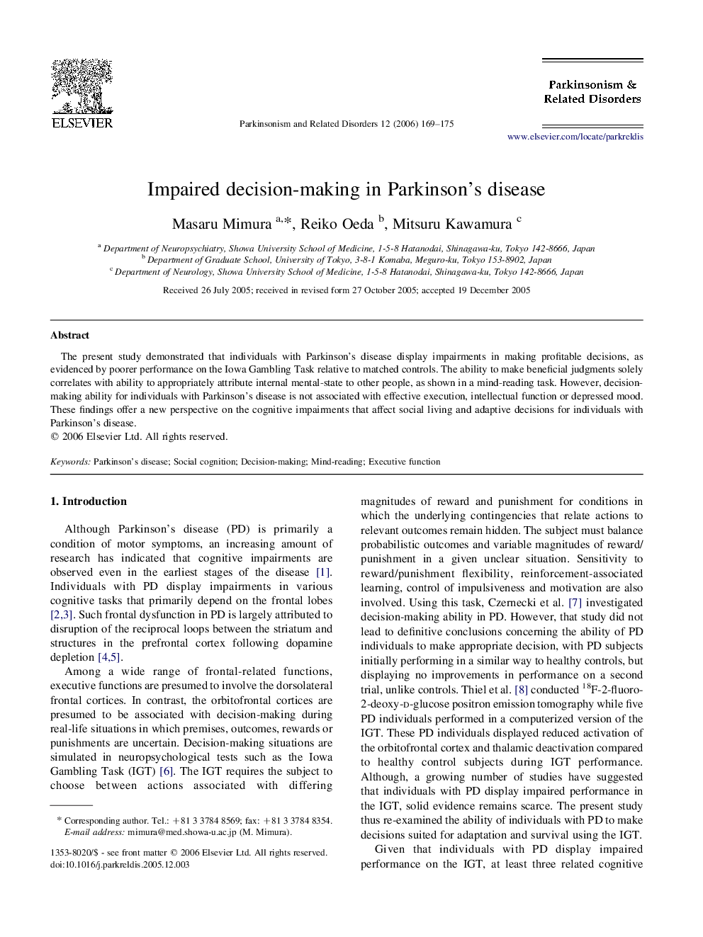 Impaired decision-making in Parkinson's disease