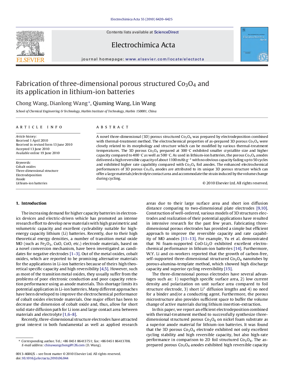 Fabrication of three-dimensional porous structured Co3O4 and its application in lithium-ion batteries