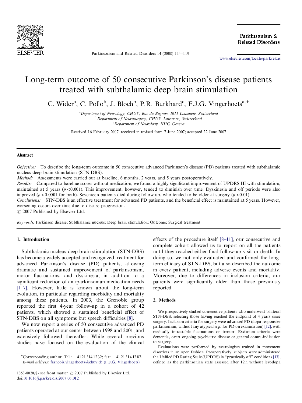 Long-term outcome of 50 consecutive Parkinson's disease patients treated with subthalamic deep brain stimulation