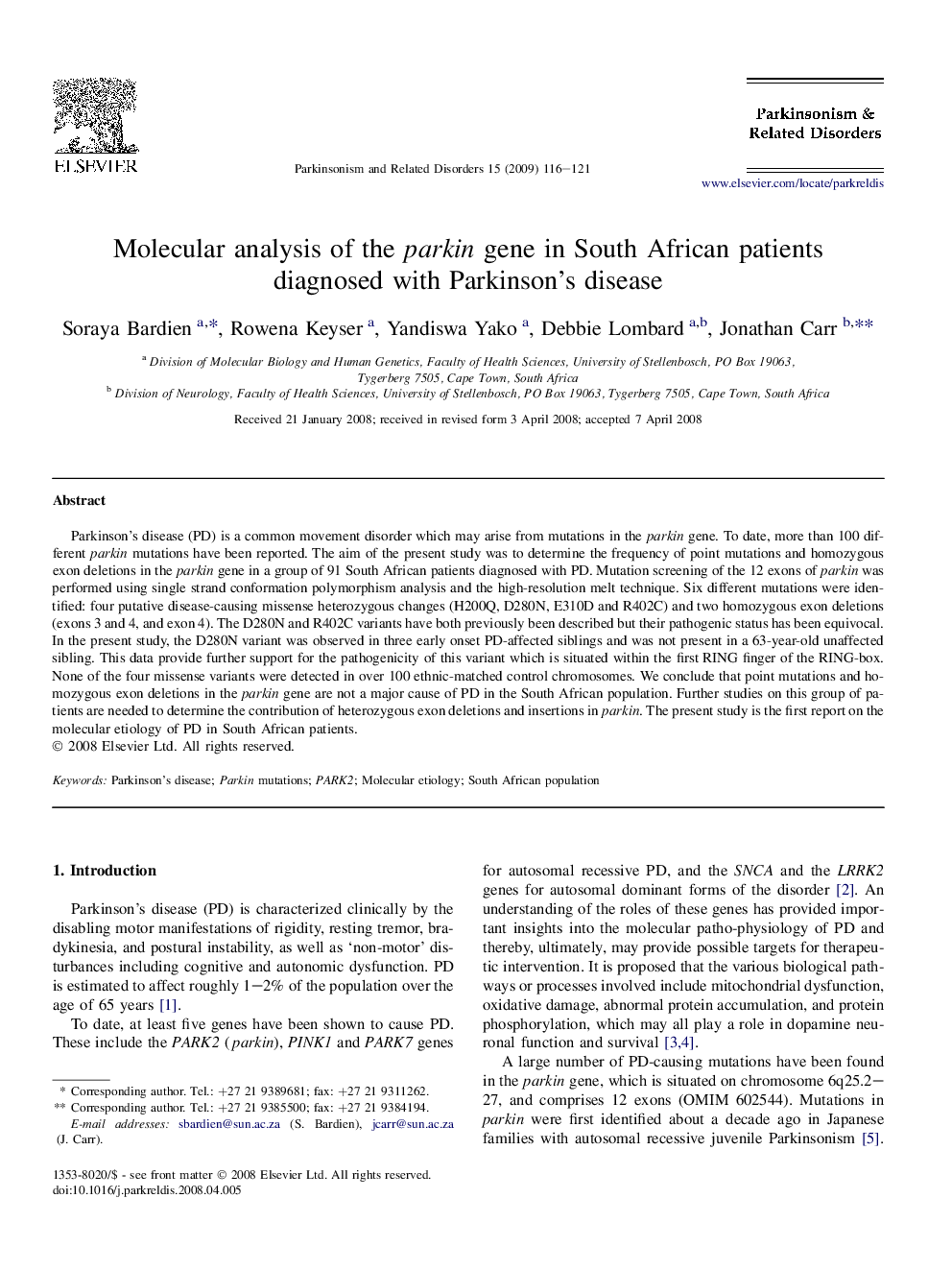 Molecular analysis of the parkin gene in South African patients diagnosed with Parkinson's disease