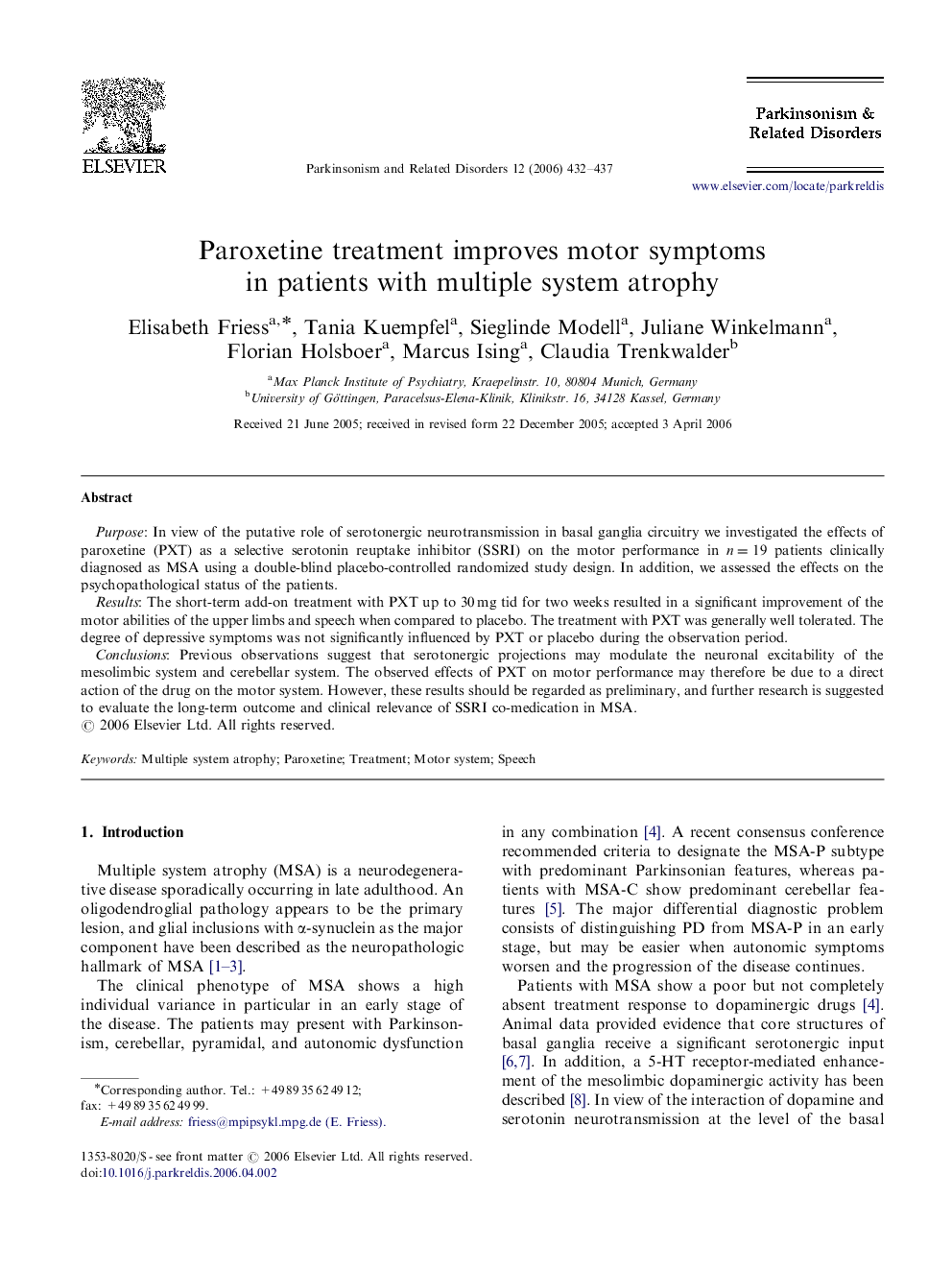 Paroxetine treatment improves motor symptoms in patients with multiple system atrophy