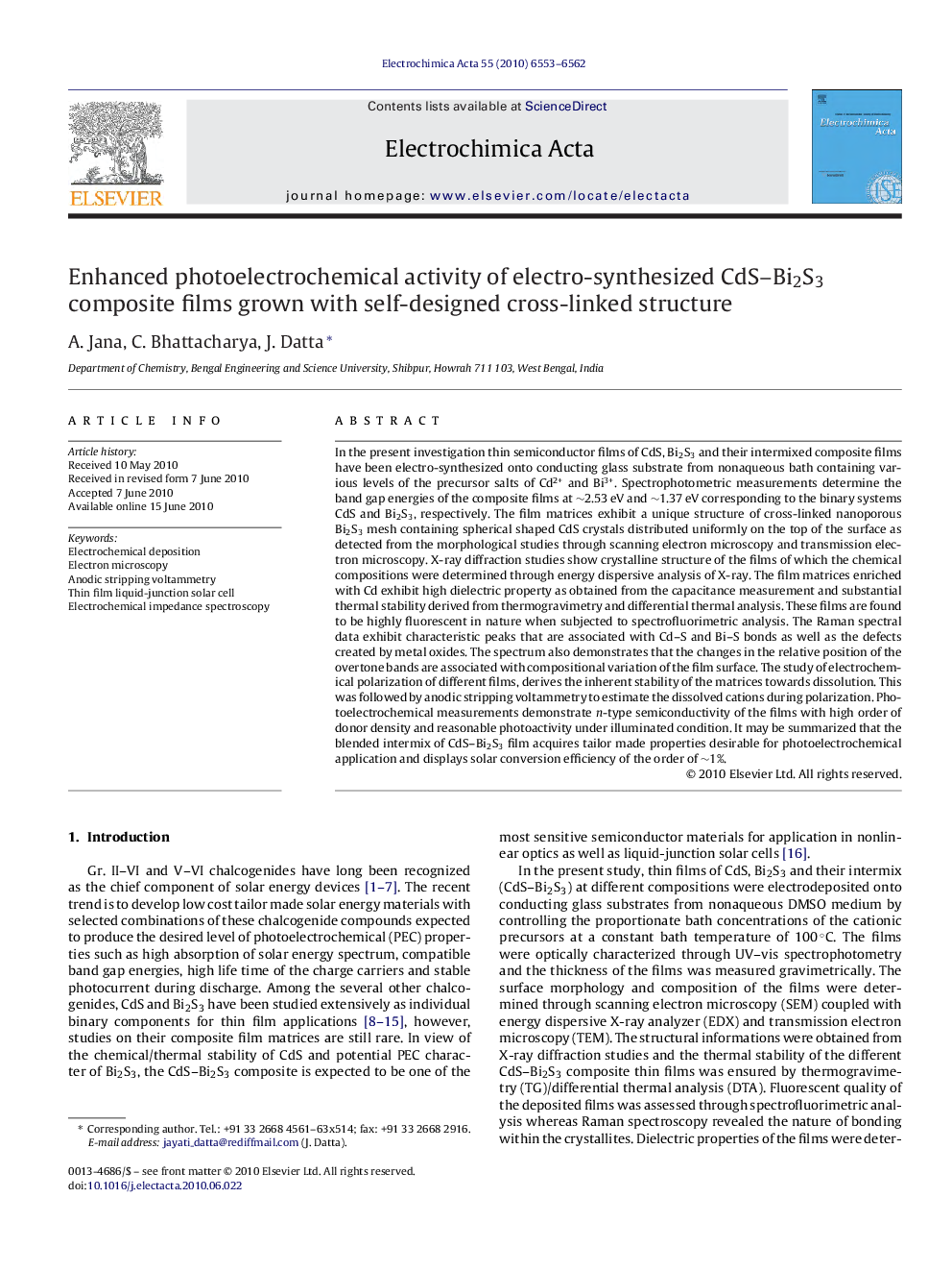 Enhanced photoelectrochemical activity of electro-synthesized CdS–Bi2S3 composite films grown with self-designed cross-linked structure