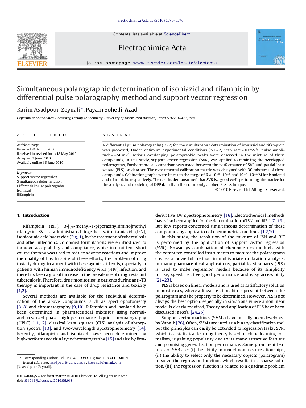 Simultaneous polarographic determination of isoniazid and rifampicin by differential pulse polarography method and support vector regression