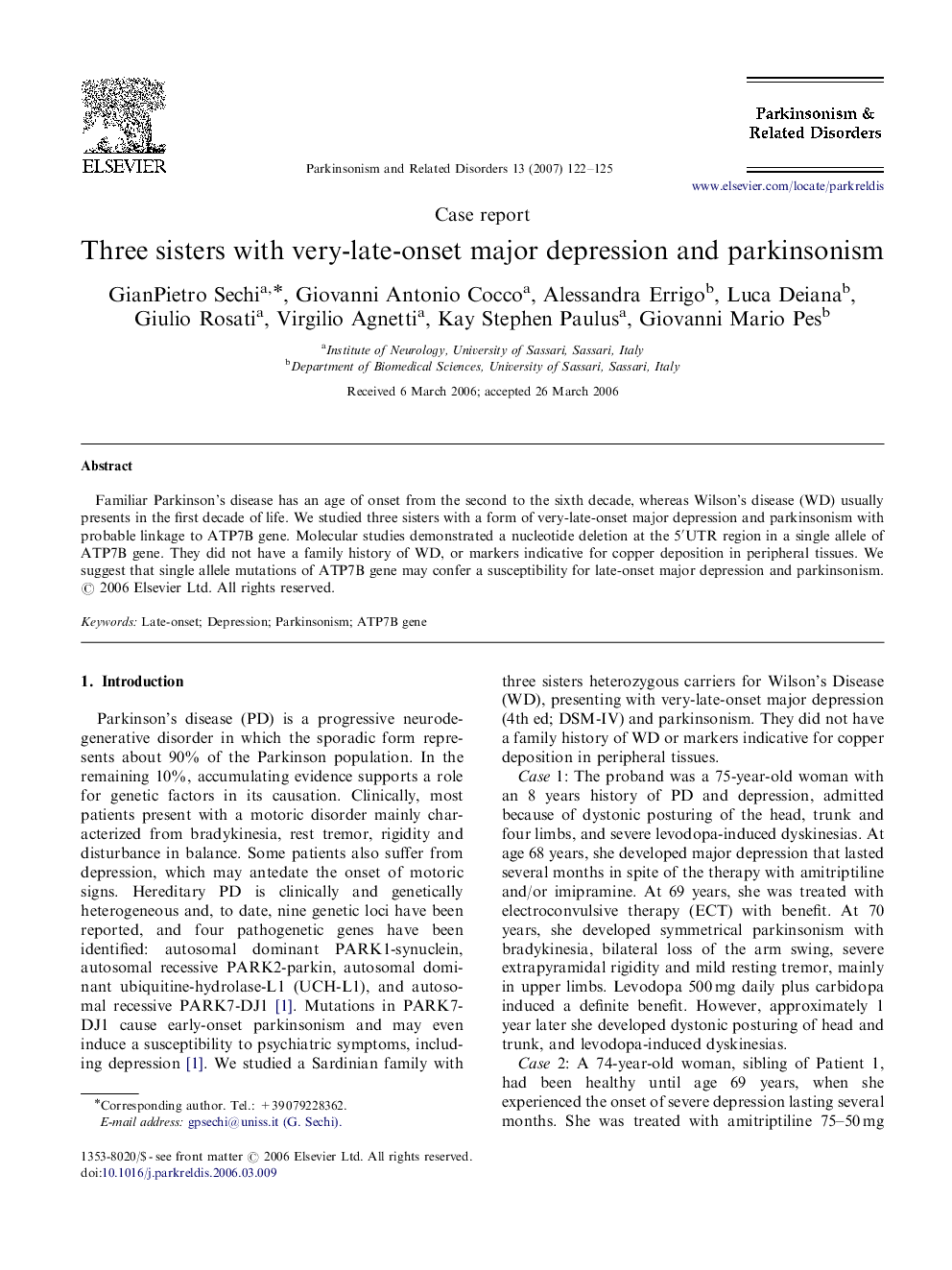 Three sisters with very-late-onset major depression and parkinsonism