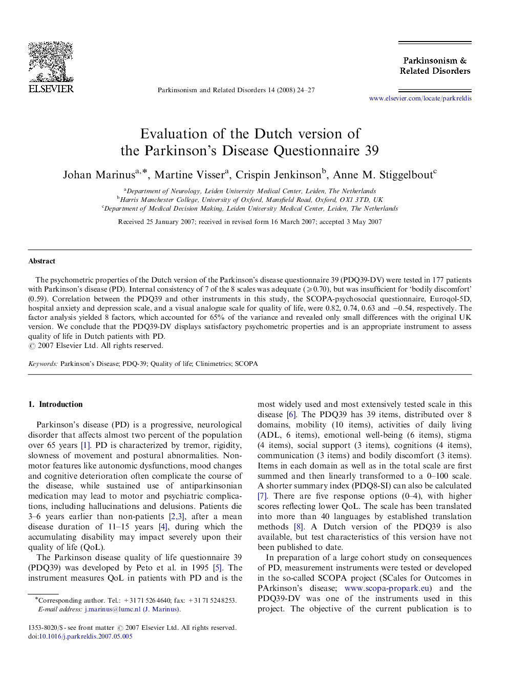 Evaluation of the Dutch version of the Parkinson's Disease Questionnaire 39