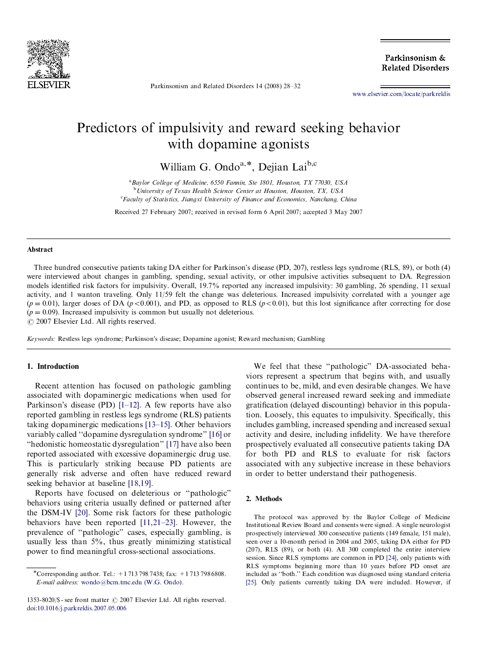 Predictors of impulsivity and reward seeking behavior with dopamine agonists