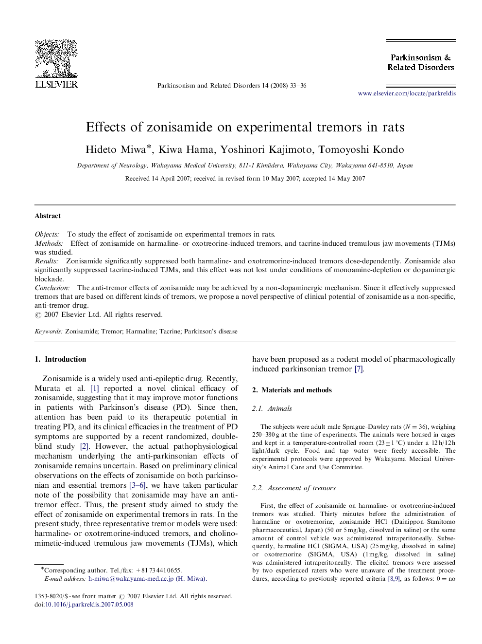 Effects of zonisamide on experimental tremors in rats