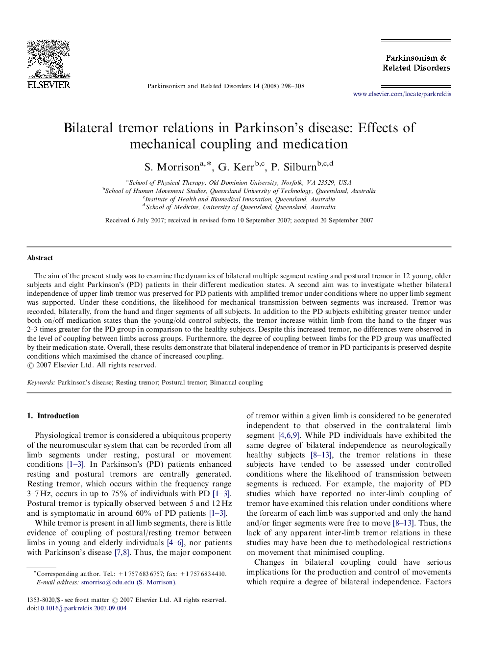 Bilateral tremor relations in Parkinson's disease: Effects of mechanical coupling and medication