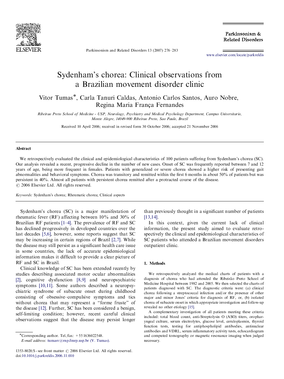 Sydenham's chorea: Clinical observations from a Brazilian movement disorder clinic